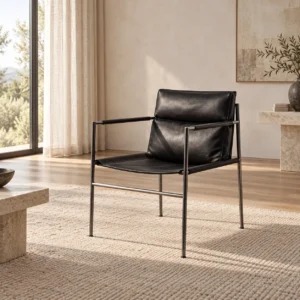 Stalform Black Leather Chair on Slim Steel Frame in black — in a room setting