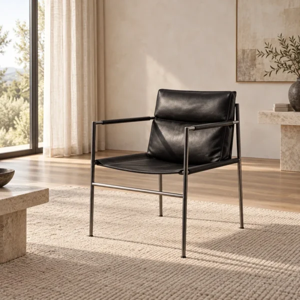 Stalform Black Leather Chair on Slim Steel Frame in black — in a room setting