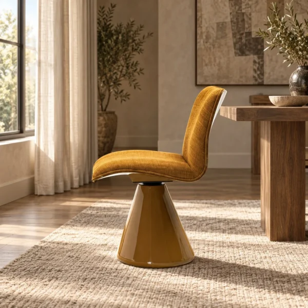 Turan Mustard Fabric Swivel Chair on Lacquered Cone Base in mustard — in a room setting