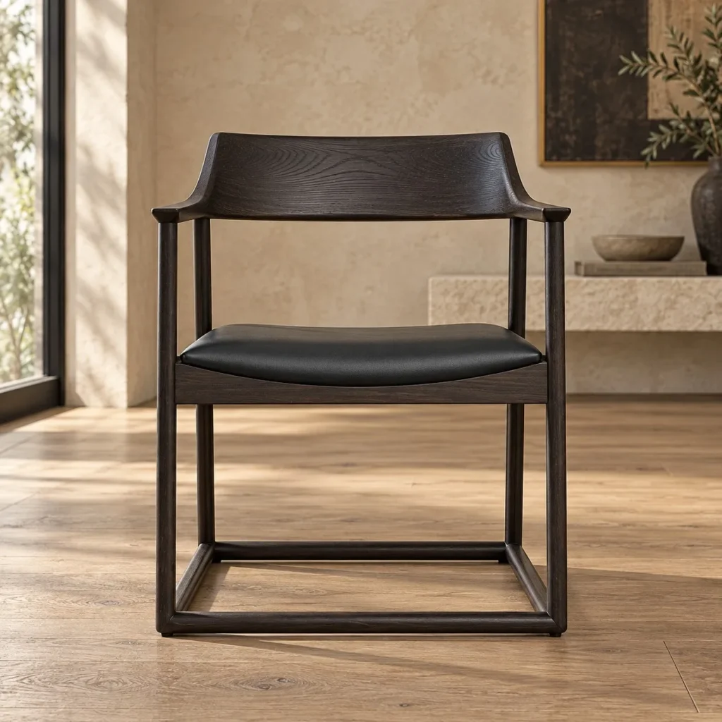 Yanlan Dark Wood Tea Chair with Black Leather Floating Seat in black — front view