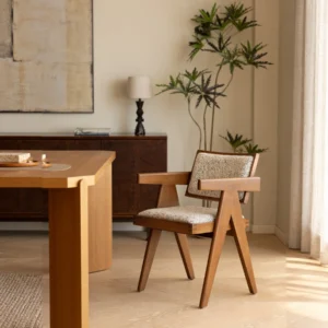 Chair History in teak — front view