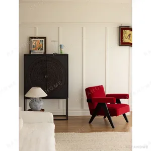 V-Leg Red Oak Lounge Chair in Olive Striped Fabric — in a room setting