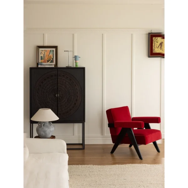 V-Leg Red Oak Lounge Chair in Olive Striped Fabric — in a room setting
