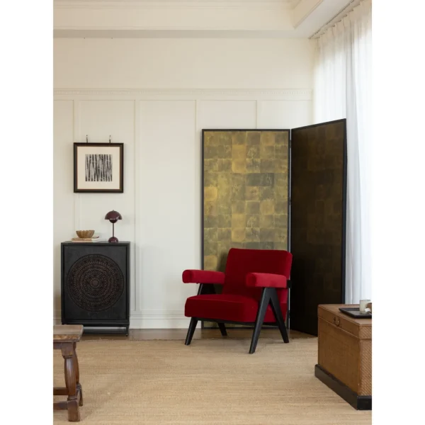 V-Leg Red Oak Lounge Chair in Olive Striped Fabric — in a room setting