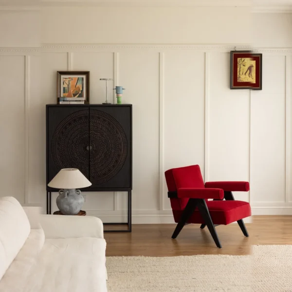 V-Leg Red Oak Lounge Chair in Olive Striped Fabric — in a room setting