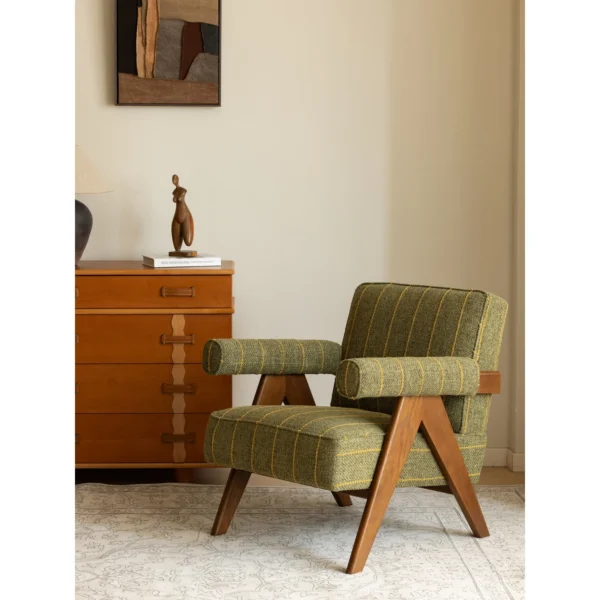 V-Leg Red Oak Lounge Chair in Olive Striped Fabric — in a room setting