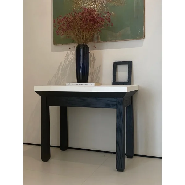 Charbon Black Oak Nightstand with Lacquered Top in black — in a room setting