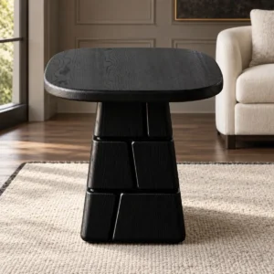 Charred Black Oak Low Table with Stacked Block Pedestal in black — front view