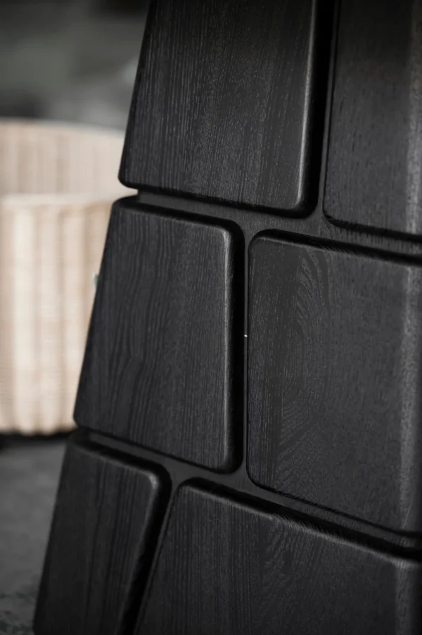 Charred Black Oak Low Table with Stacked Block Pedestal in black — detail