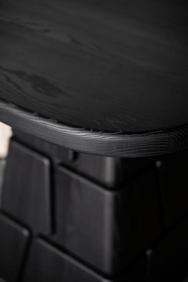 Charred Black Oak Low Table with Stacked Block Pedestal in black — detail