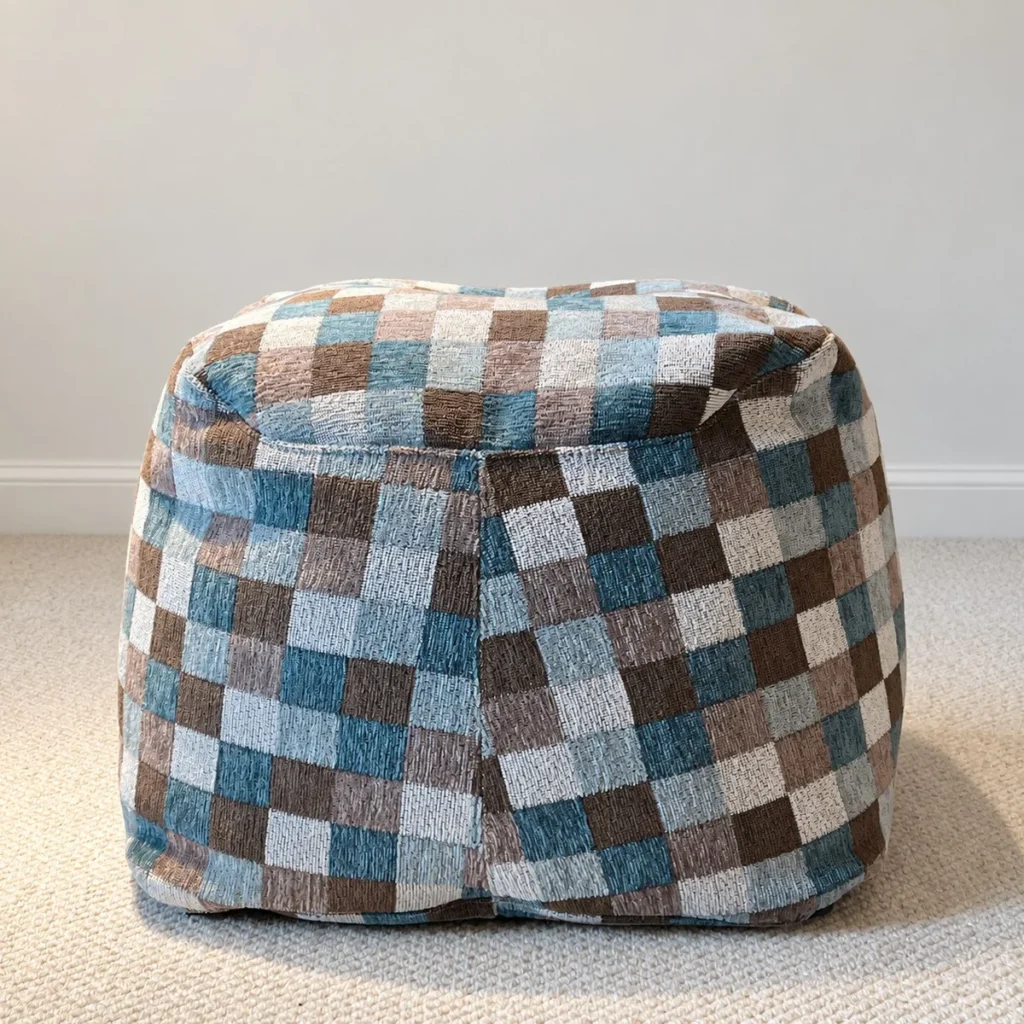 Checkerboard Chenille Pouf in Blue, Brown and Cream — front view