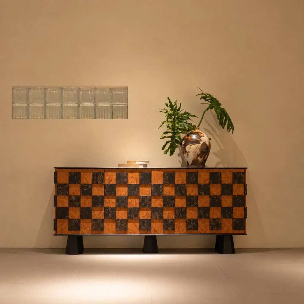 Checkerboard Marquetry Sideboard on Black Legs in clay — front view