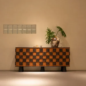 Checkerboard Marquetry Sideboard on Black Legs in clay — front view