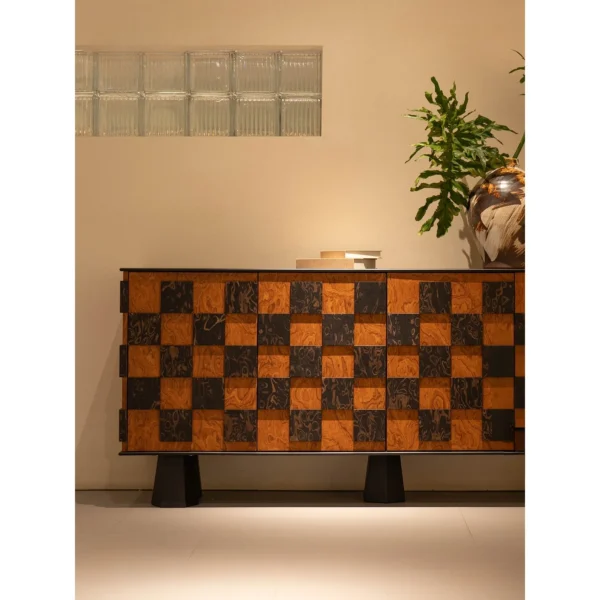 Checkerboard Marquetry Sideboard on Black Legs in clay — in a room setting