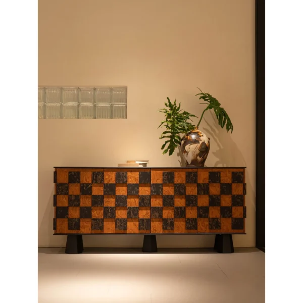 Checkerboard Marquetry Sideboard on Black Legs in clay — in a room setting