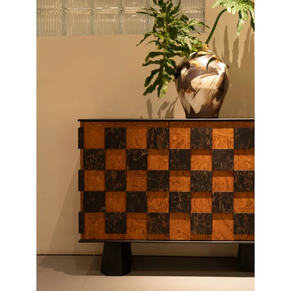 Checkerboard Marquetry Sideboard on Black Legs in clay — in a room setting