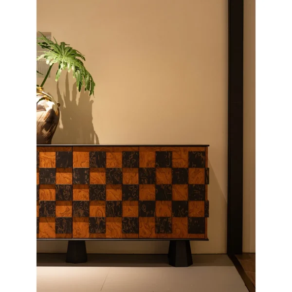 Checkerboard Marquetry Sideboard on Black Legs in clay — in a room setting