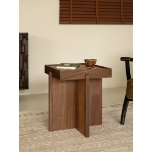 Chessboard Walnut Tray-Top Side Table on Crossed Base in walnut — front view