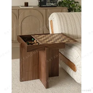 Chessboard Walnut Tray-Top Side Table on Crossed Base in walnut — in a room setting