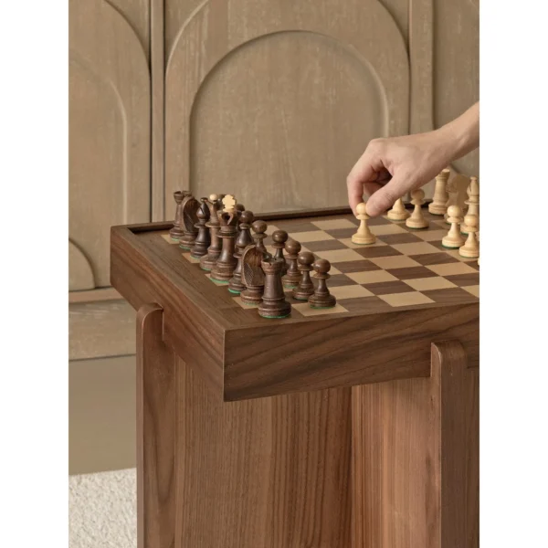 Chessboard Walnut Tray-Top Side Table on Crossed Base in walnut — in a room setting