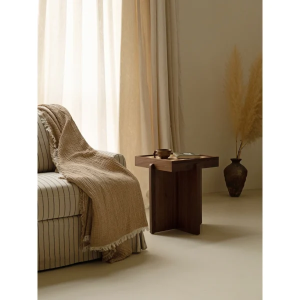 Chessboard Walnut Tray-Top Side Table on Crossed Base in walnut — in a room setting