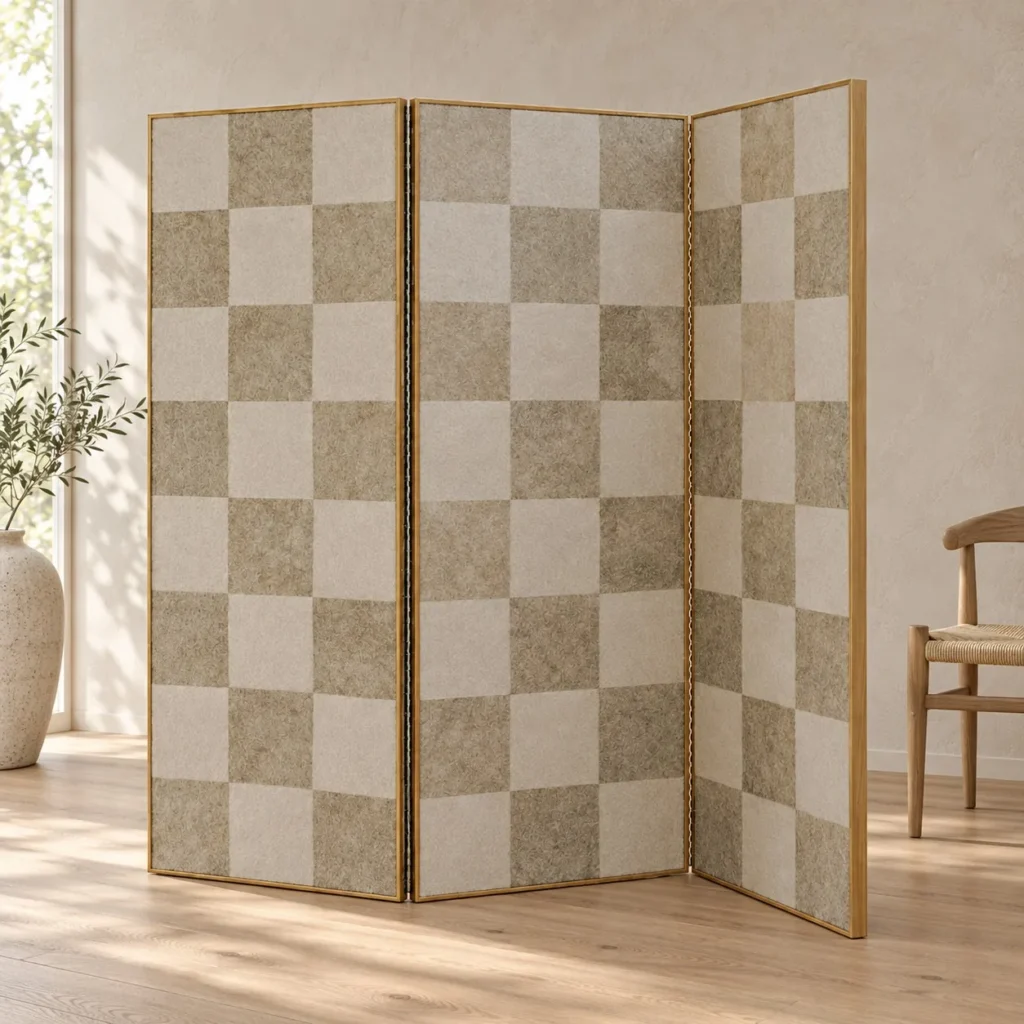 Checkerboard Wool Felt Three-Panel Folding Screen in oatmeal — front view