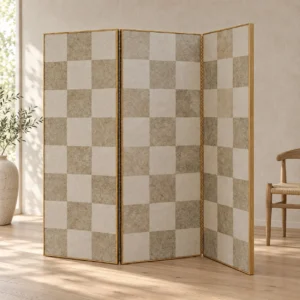Checkerboard Wool Felt Three-Panel Folding Screen in oatmeal — front view