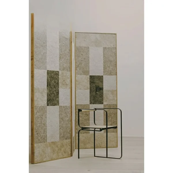 Checkerboard Wool Felt Three-Panel Folding Screen in oatmeal — in a room setting