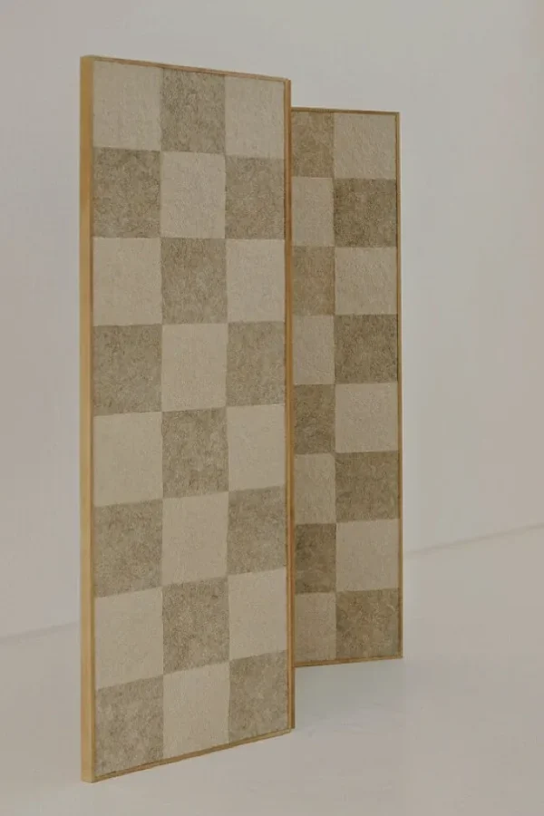 Checkerboard Wool Felt Three-Panel Folding Screen in oatmeal — in a room setting