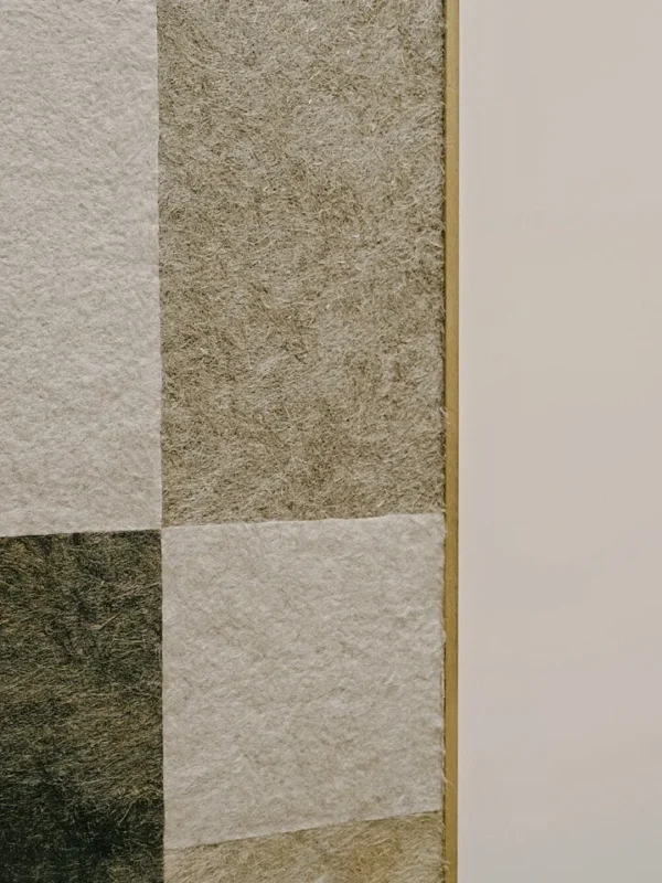 Checkerboard Wool Felt Three-Panel Folding Screen in oatmeal — in a room setting