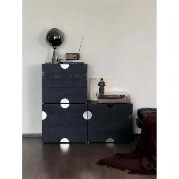 Cheese Low Cabinet in Black with Mirror Dot Inlays — in a room setting