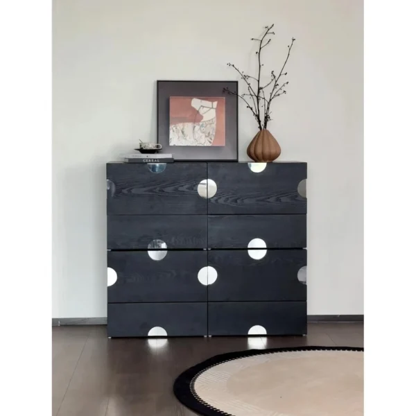 Cheese Low Cabinet in Black with Mirror Dot Inlays — in a room setting