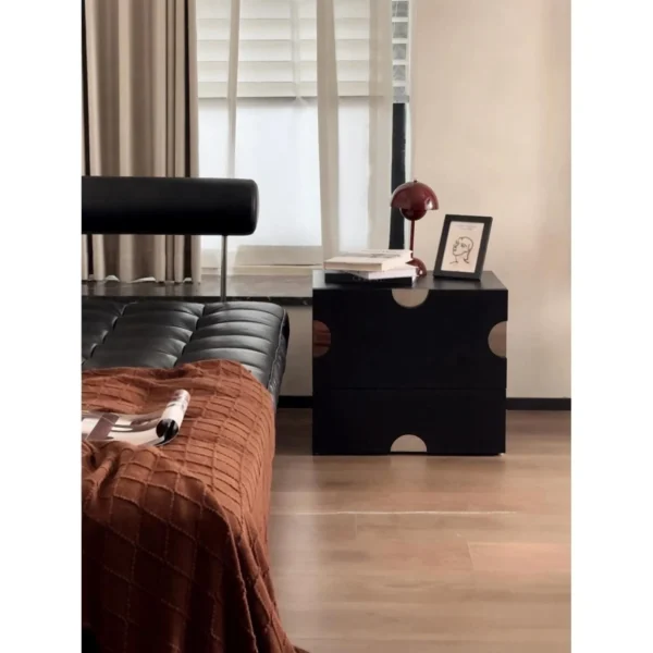 Cheese Low Cabinet in Black with Mirror Dot Inlays — in a room setting