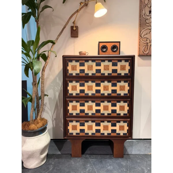 Gexu Geometric Marquetry Four-Drawer Chest in clay — in a room setting