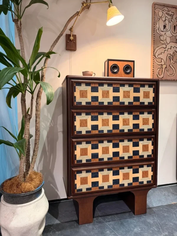 Gexu Geometric Marquetry Four-Drawer Chest in clay — in a room setting