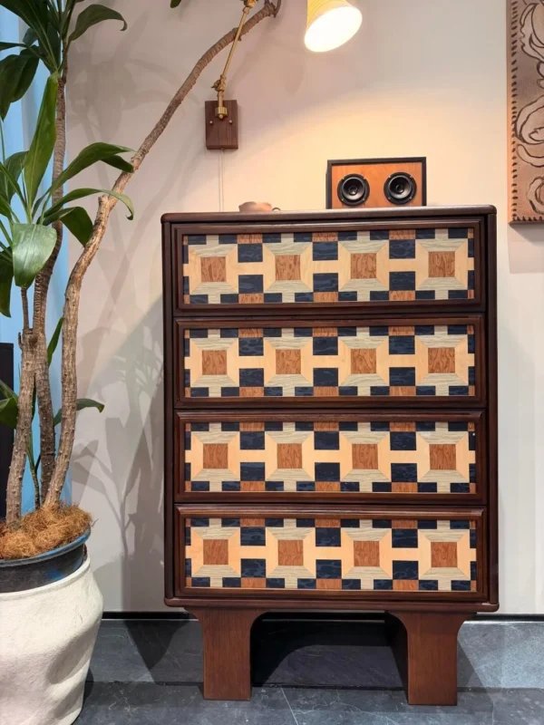 Gexu Geometric Marquetry Four-Drawer Chest in clay — in a room setting