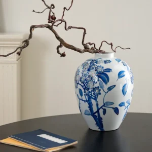 Hand-Painted Blue and White Camellia Round Jar in blue — front view