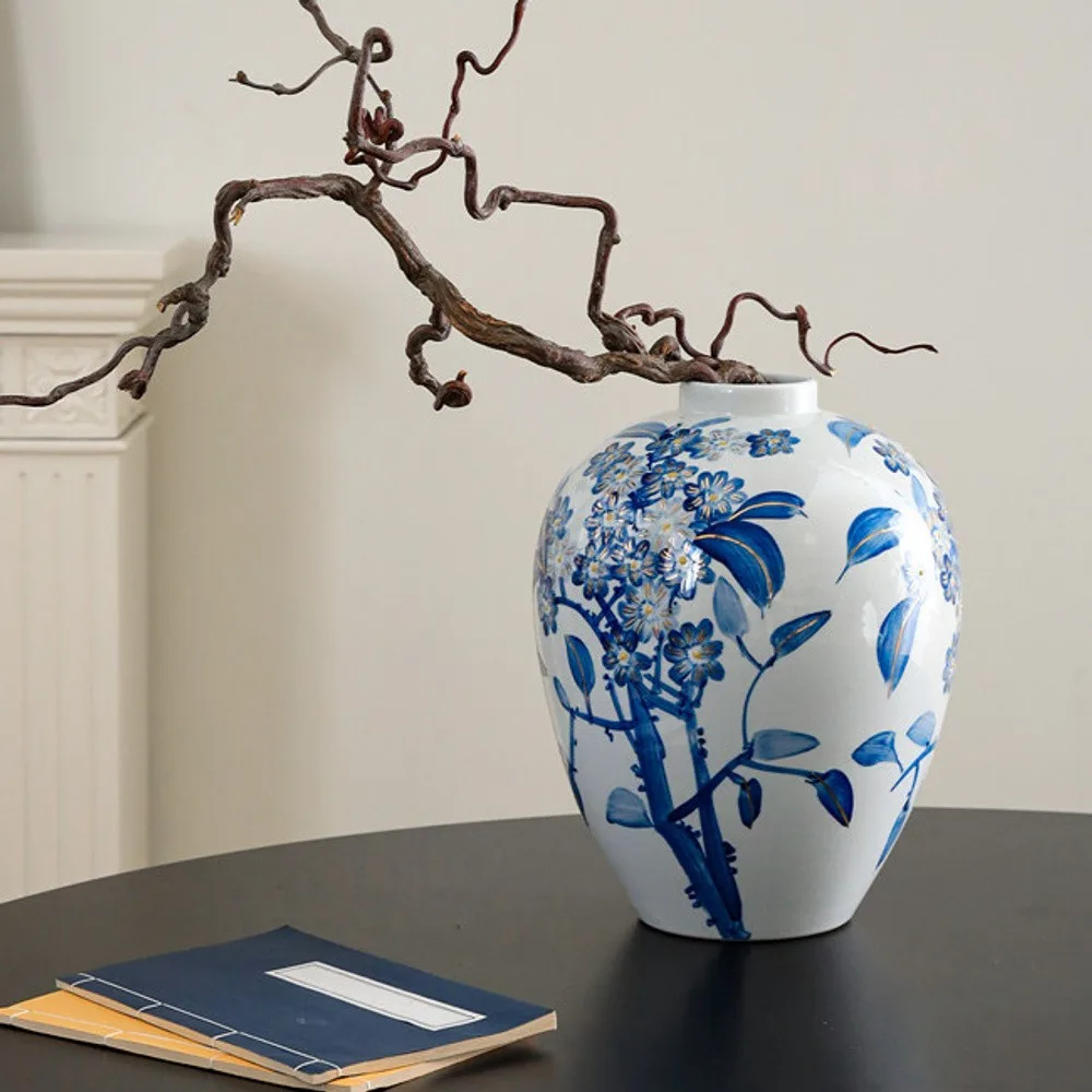 Hand-Painted Blue and White Camellia Round Jar in blue — front view