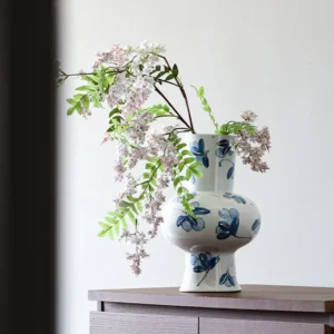 Blue and White Cherry Blossom Lantern Vase with Gold, Large in blue — front view
