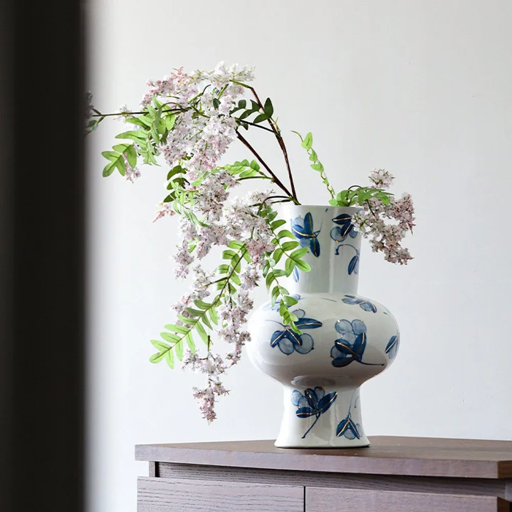 Blue and White Cherry Blossom Lantern Vase with Gold, Large in blue — front view