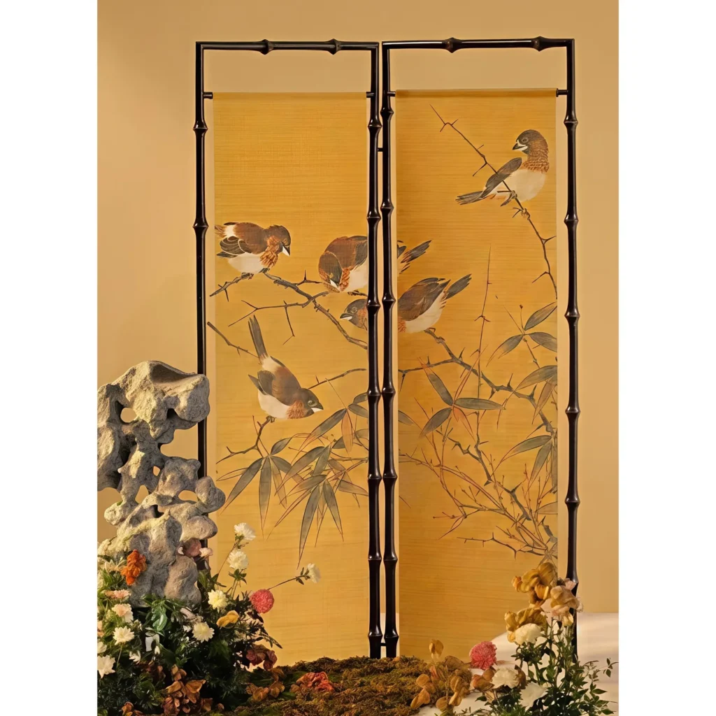 Golden Bamboo Two-Panel Screen with Painted Birds in mustard — front view