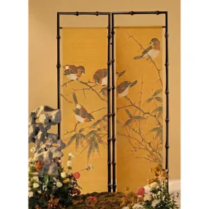 Golden Bamboo Two-Panel Screen with Painted Birds in mustard — front view