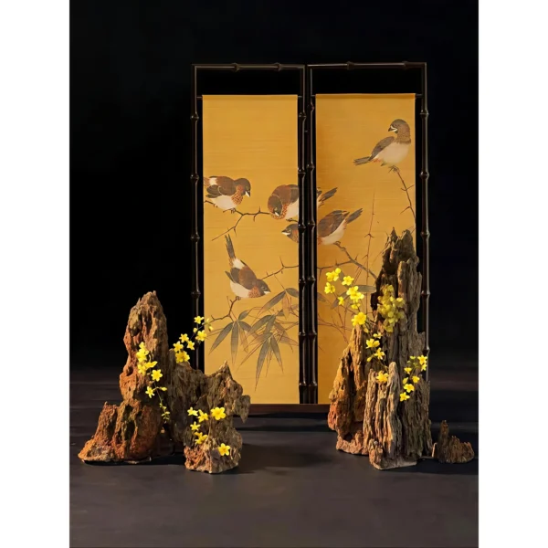 Golden Bamboo Two-Panel Screen with Painted Birds in mustard — in a room setting