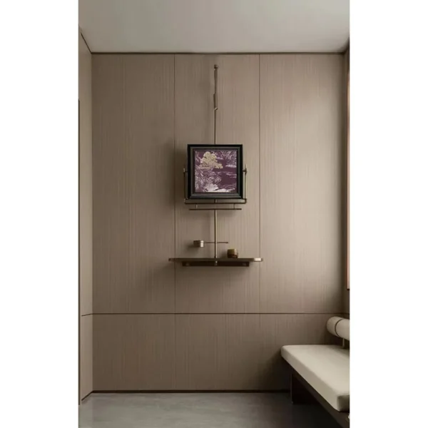 Chinese Landscape Wall Art in Purple and Gold on Metal Stand — in a room setting