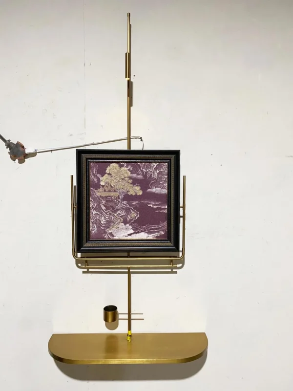 Chinese Landscape Wall Art in Purple and Gold on Metal Stand — in a room setting
