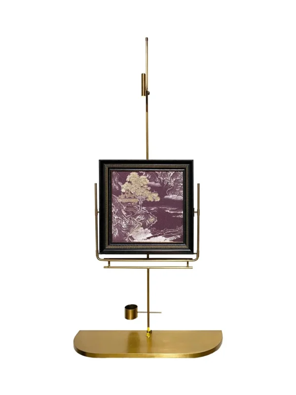 Chinese Landscape Wall Art in Purple and Gold on Metal Stand — in a room setting