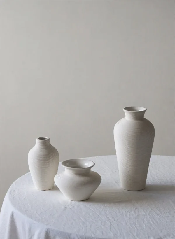 Bisque White Brushed Mini Ceramic Bud Vases, Medium or Small in ivory — in a room setting