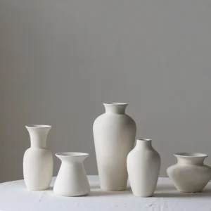 Bisque White Brushed Mini Ceramic Bud Vases, Medium or Small in ivory — in a room setting