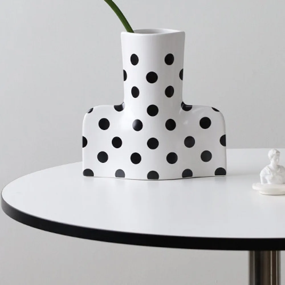 Black and White Polka Dot Sculptural Ceramic Vase, Large or in ivory — front view