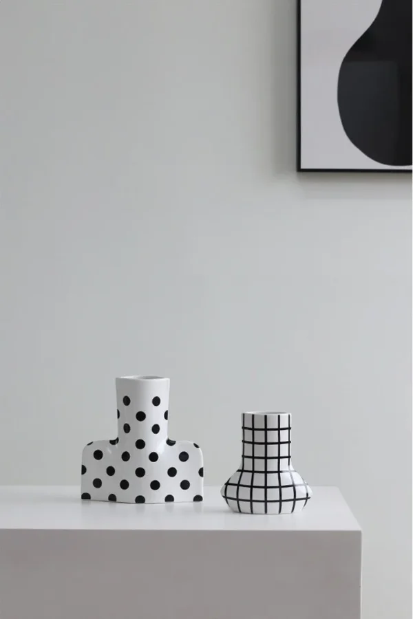 Black and White Polka Dot Sculptural Ceramic Vase, Large or in ivory — in a room setting